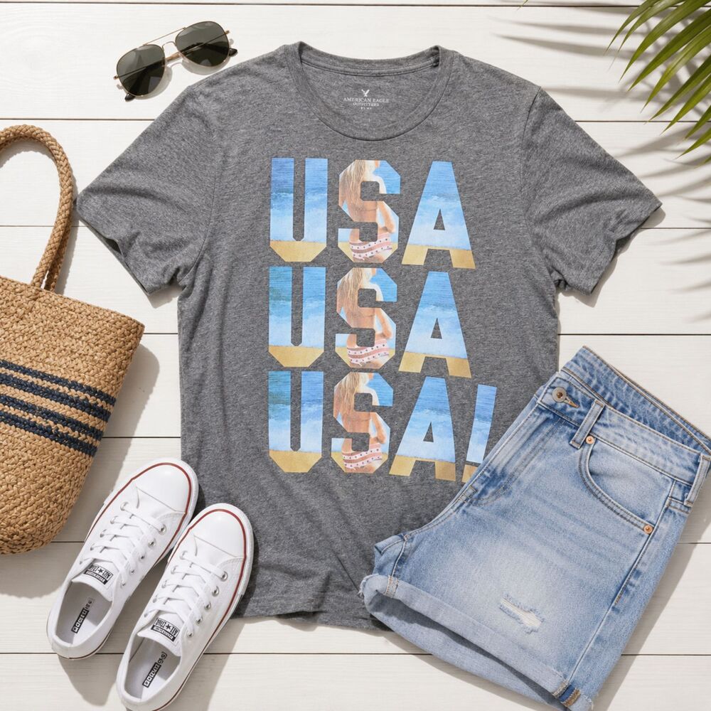 American Eagle Mens Medium Gray USA Beach Graphic Tee Americana T Shirt
